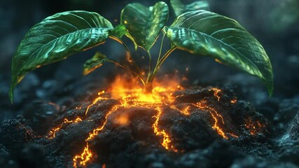 A vibrant plant sprouts from fiery volcanic soil - Powered by Adobe