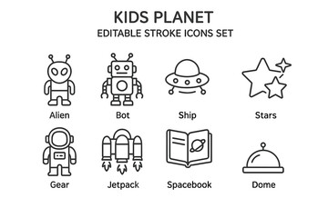 Kids planet icon set with alien, bot, ship, stars, astronaut gear, jetpack, spacebook, dome