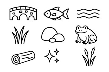 Black and white nature icons: bridge, fish, waves, grass, rocks, frog, log, stars, cattails