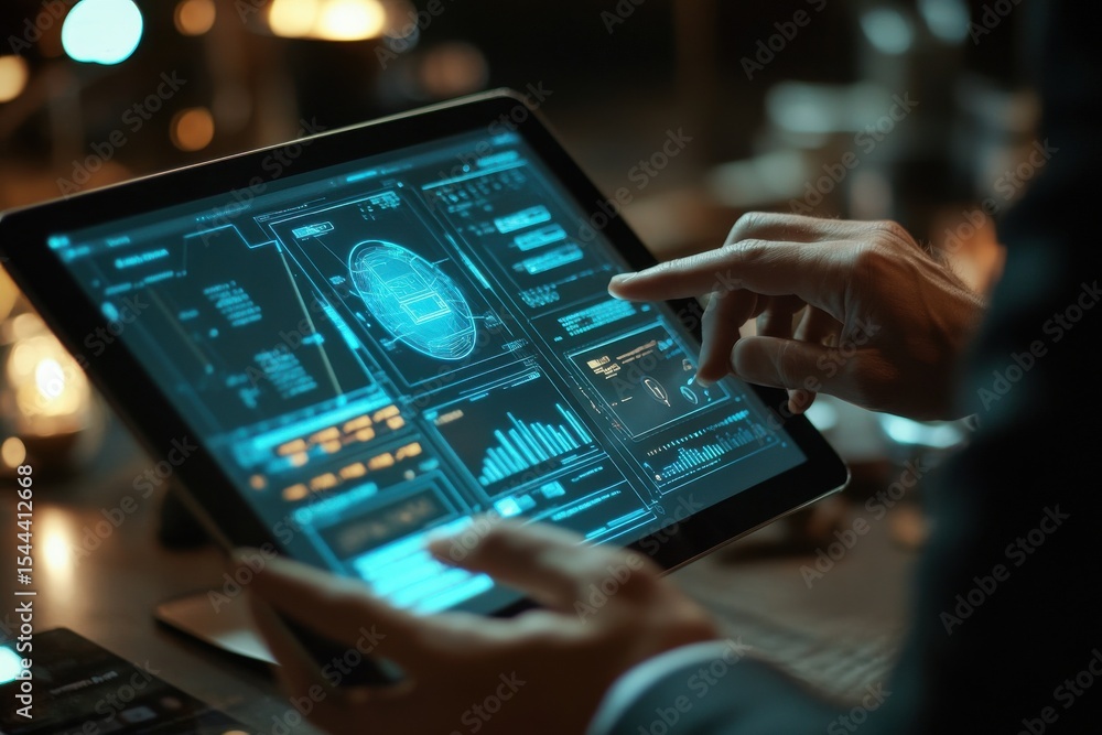 Poster a person is pointing at a screen with a tablet. business person interacting with chatbot interface o