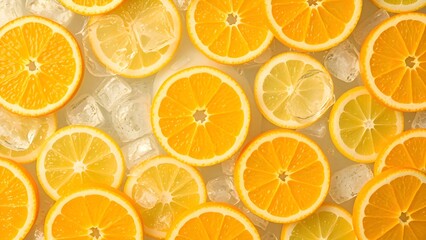 Obraz premium Top view of juicy orange and lemon slices with ice cubes. Fresh citrus fruits arranged beautifully on a light background, perfect for summer, food, and drink themes. Bright and refreshing look.