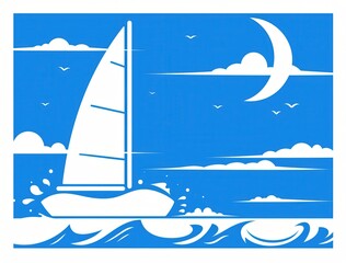 Sailboat at Night, Ocean Scene
