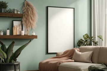 A living room with a white wall and a black framed picture. Blank framed poster mockup in modern green living room with cozy beige sofa wooden shelves and elegant decor on a sunny day.