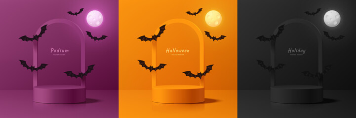 Set of 3D orange, purple and black podium background in Halloween festival with flying bat. Abstract minimalist design. Studio display showroom stands product pedestal, Stage showcase mockup scene.