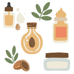 Set of natural cosmetic containers with argan elements in flat style
