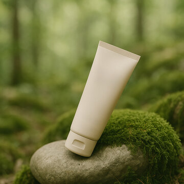 A beige moisturizer tube rests on a mossy stone in a lush green forest. Shot with soft focus and natural lighting, the scene emphasizes eco-consciousness, calmness, and connection to nature