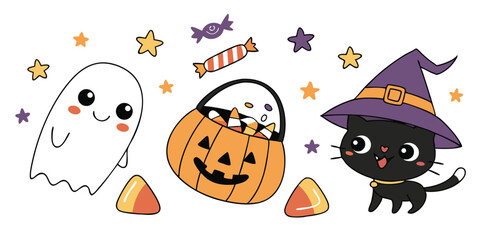Cute halloween illustration featuring a ghost pumpkin bucket black cat stars and candy decorations