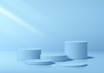 3D blue round podium set background with light and shadow. Abstract geometric composition in minimalist design. 3D studio display showroom product pedestal, Fashion stage showcase mockup scene.