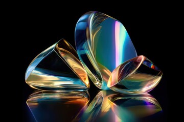 Three colorful glass spheres are arranged in a triangular formation