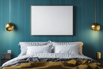 A bedroom with a white bed and a large white framed picture on the wall. Blank white framed canvas mockup above a bed with teal ribbed wall and golden lamps in a cozy bedroom interior.