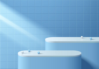 3D blue round product podium background with square wall tile scene. Abstract composition in minimalist design. Studio display showroom cosmetic product pedestal, Fashion stage showcases mockup scene.