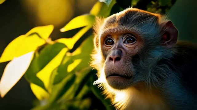 Close up of a monkey looking to the left surrounded by green foliage and a bright yellow background video