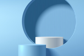 Naklejka na ściany i meble 3D blue podium background and White podium in circle window. Abstract composition minimalist design. Studio display showroom cosmetic stand product pedestal, Fashion stage showcase mockup wall scene.