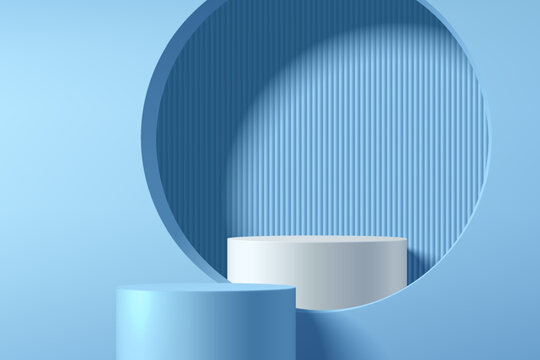 3D blue podium background and White podium in circle window. Abstract composition minimalist design. Studio display showroom cosmetic stand product pedestal, Fashion stage showcase mockup wall scene.