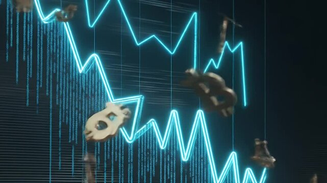 Digital illustration of a downward financial chart neon graphic displaying market decline ideal for data analysis - Powered by Adobe