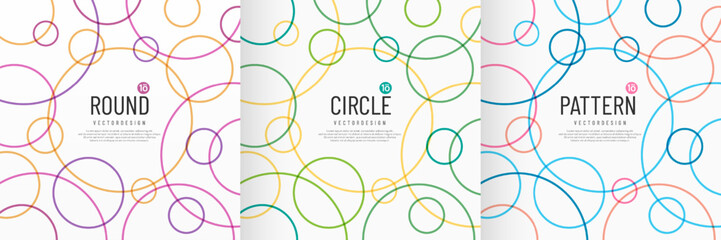 Set of circles lines colorful overlap pattern on a white background with copy space. Round circle overlap layers pattern bubble design. Random dots texture in trendy color scene. Vector illustration.