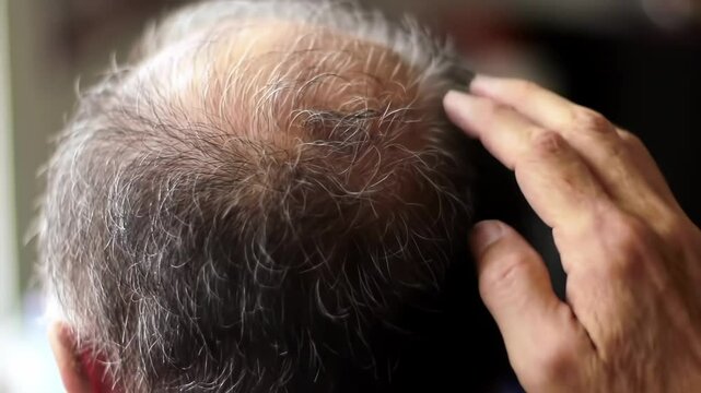 Old man touching his bald head, alopecia and hair thinning concept.
