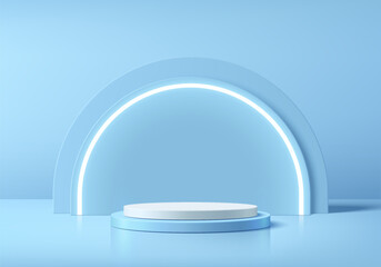 Blue round podium 3D background with semi-circle neon lighting backdrop. Abstract composition in minimalist design. Studio display showroom stands product pedestal, Fashion stage showcase mockup scene