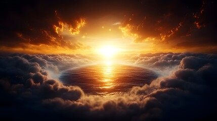 Obraz premium Celestial Sunset Ocean above clouds, fiery sky, spiritual hope