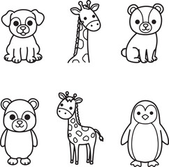 Obraz premium Adorable Cartoon Animal Illustrations Puppy, Giraffe, Polar Bear, Panda, Penguin Drawings