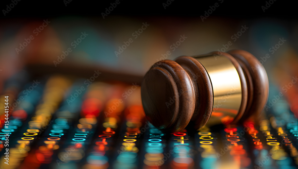 Poster close-up of a wooden gavel resting on a blurred background of colorful binary code, symbolizing cybe