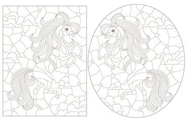 A set of contour illustrations in the style of a stained glass window with cute horses, dark outlines on a white background