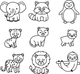 Adorable Animal Line Art Printable Coloring Pages Featuring Elephants, Penguins, Cheetahs, and More!