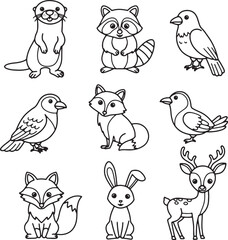 Naklejka premium Adorable Woodland Creatures Line Art Illustrations of Forest Animals