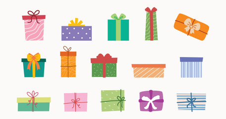 Collection of colorful gift boxes with various patterns and ribbons.