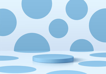 Blue round podium with 3D polka dot on white background. Abstract vector composition in minimalist design. 3D studio room display showroom stands product pedestal, Fashion stage showcase mockup scene.