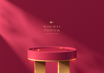 Dark red podium 3d background , Golden legs with natural light. Luxury abstract geometric composition minimalist design. Studio display showroom product pedestal, Fashion stage showcase mockup scene.