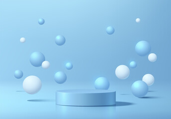 Blue round podium 3D background with many bouncing white sphere ball. Abstract geometric composition in minimalist design. Studio display showroom product pedestal, Fashion stage showcase mockup scene