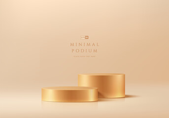 Golden round podium 3d background in empty room space in luxury style. Abstract geometric composition minimalist design. Studio display showroom product pedestal, Fashion stage showcases mockup scene.