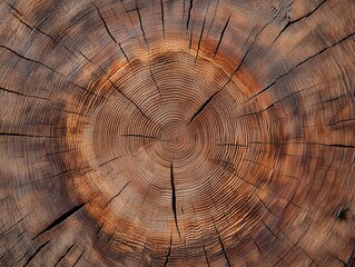 high-quality photograph, macro shot of tree trunk cross-section showing annual rings, warm wood tones, and precise natural geometry. Generative AI