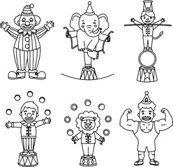 Circus Performers  Clowns, Elephants, Strongmen, Jugglers, and Lion Tamers - Fun Black and White Illustrations