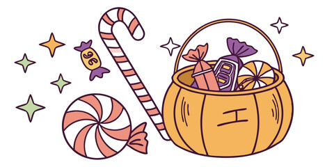 Illustration of a candy cane and a pumpkin bucket filled with various wrapped candies and stars around it