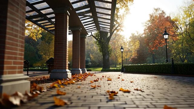 Autumn park path sunlight trees fall colors leaves background landscape