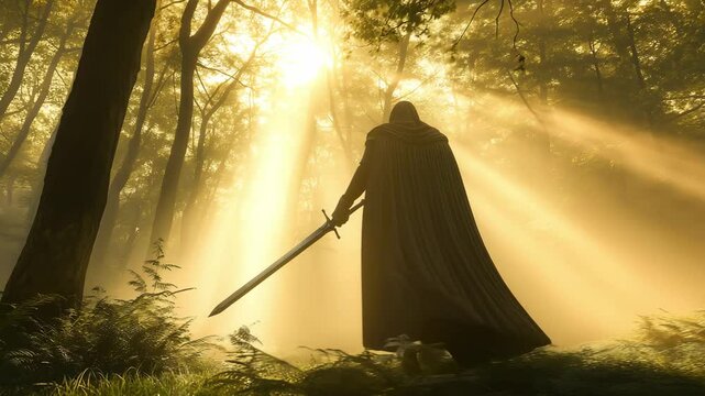 A knight in cloaked black holding a sword walking through a misty forest	
