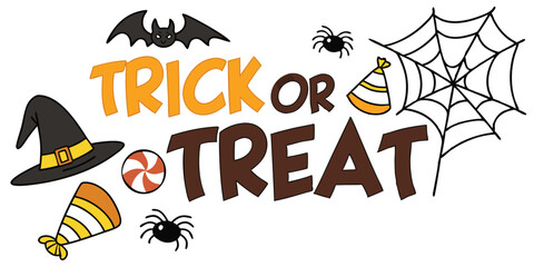 Illustration of trick or treat text with bat, spider web, witch hat and party hats for halloween fun