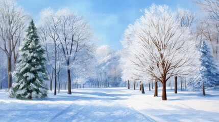Obraz premium Capturing the Beauty of Winter's Chill through a Snowy Landscape in Watercolor Painting