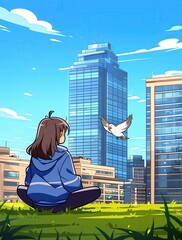 Girl Watching Cityscape with Bird