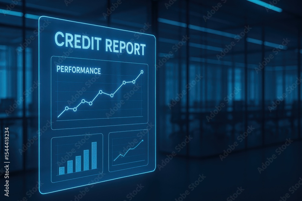 Poster analyzing credit report performance in a modern office environment with data visualization concepts
