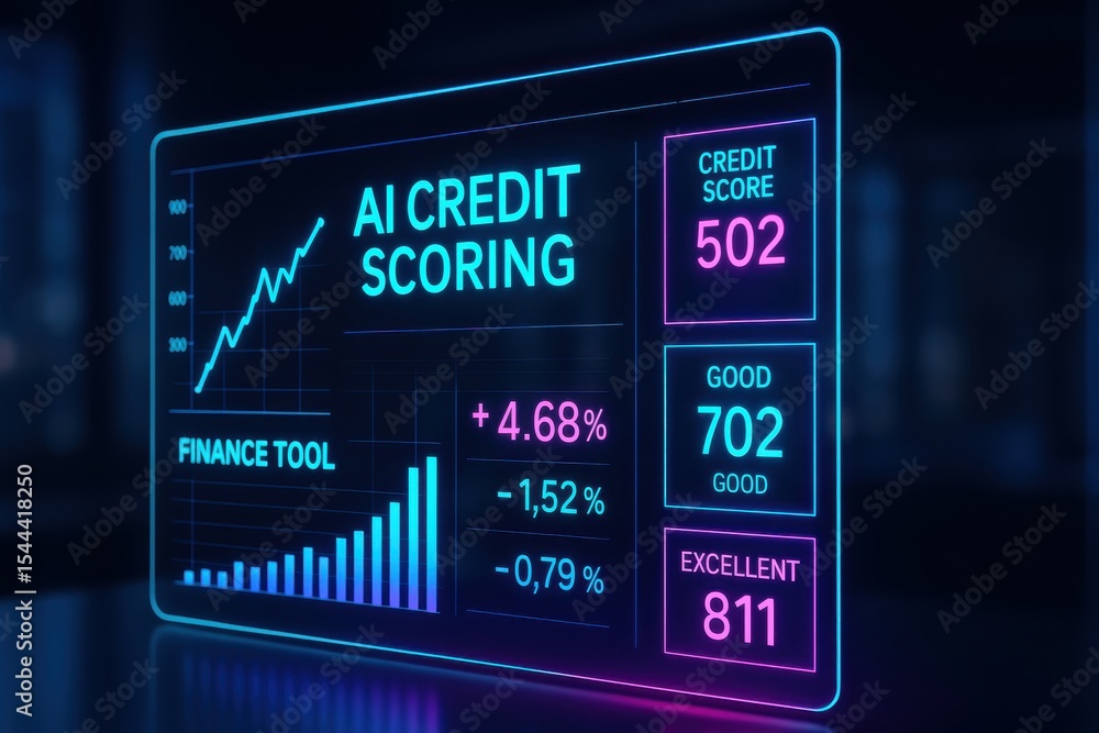 Poster ai credit scoring analysis financial tool interactive dashboard digital environment data visualizati