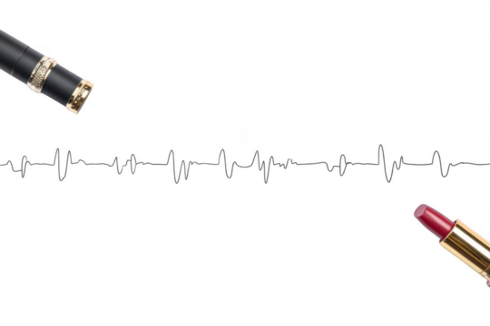 Two lipsticks, black and red, separated by a wavy line