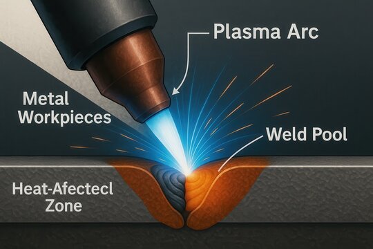 Plasma arc welding demonstration industrial workshop educational animation technical environment close-up view metalworking concept