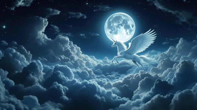 A winged unicorn soars above a night sky filled with clouds and a large moon