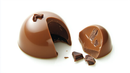 Milk chocolate dome broken to reveal rich interior and chocolate chunks, isolated on white for confectionery packaging or dessert promotions.