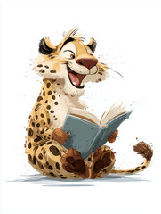 Cheerful cartoon leopard reading a book with a joyful expression, sitting cross-legged on a white background. Ideal for educational or children’s content.