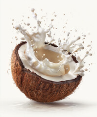 Dynamic splash of creamy coconut milk from a cracked brown coconut, isolated on a white background with high detail.