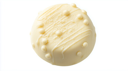 Round white chocolate truffle with decorative drizzle and pearl-like toppings, isolated on white background.